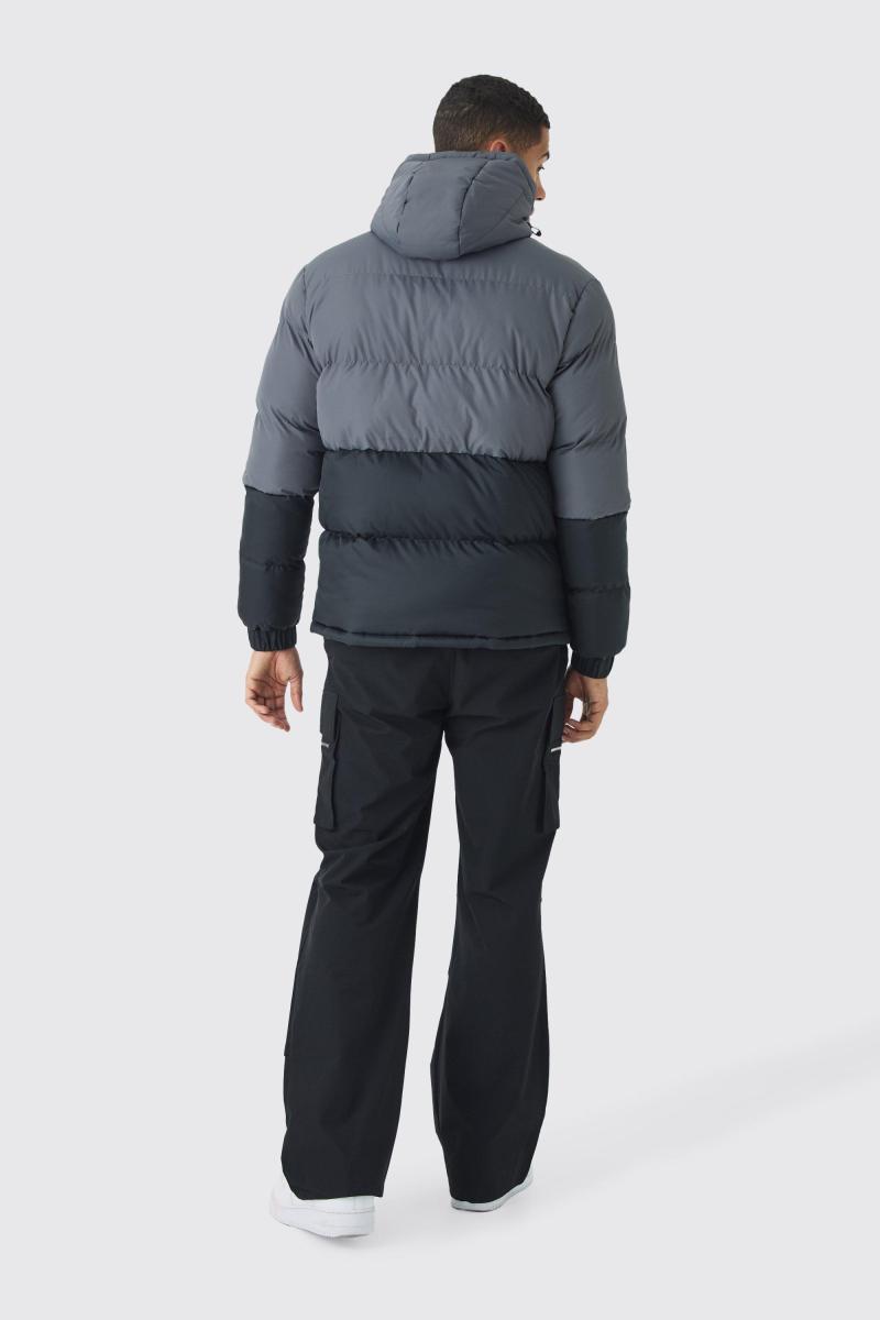 Пуховик з капюшоном Color Block темно-сірого кольору