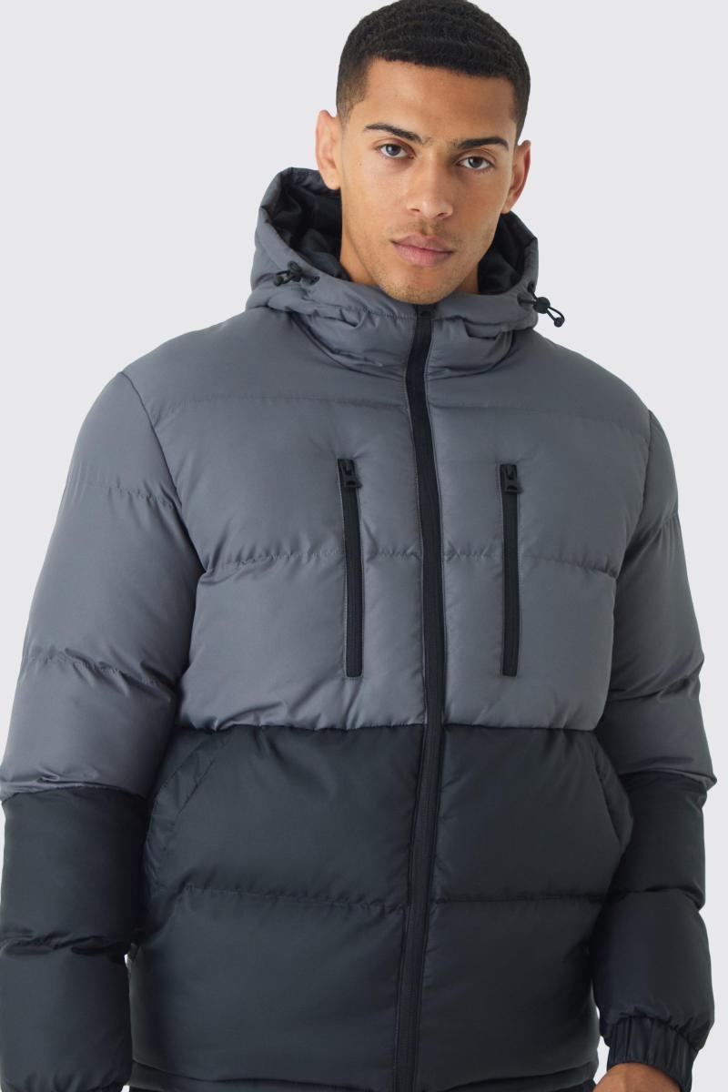 Пуховик з капюшоном Color Block темно-сірого кольору