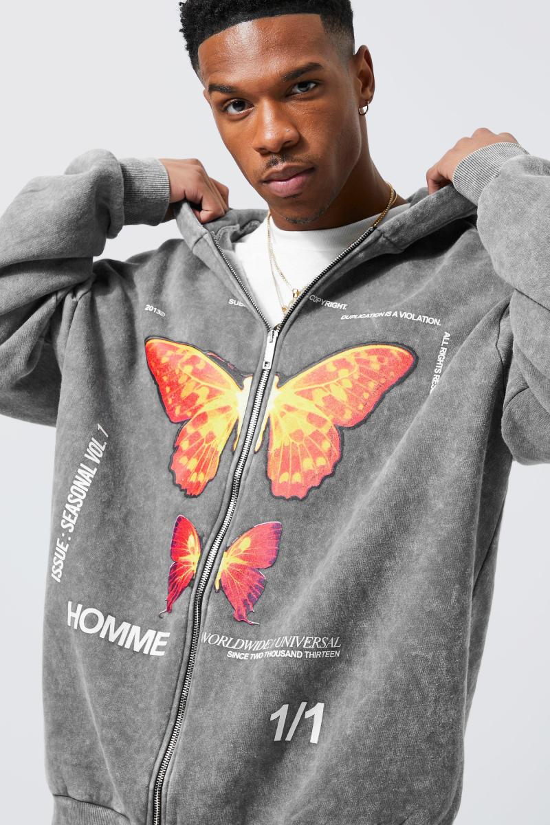 Худі великого розміру з випраним малюнком на блискавці