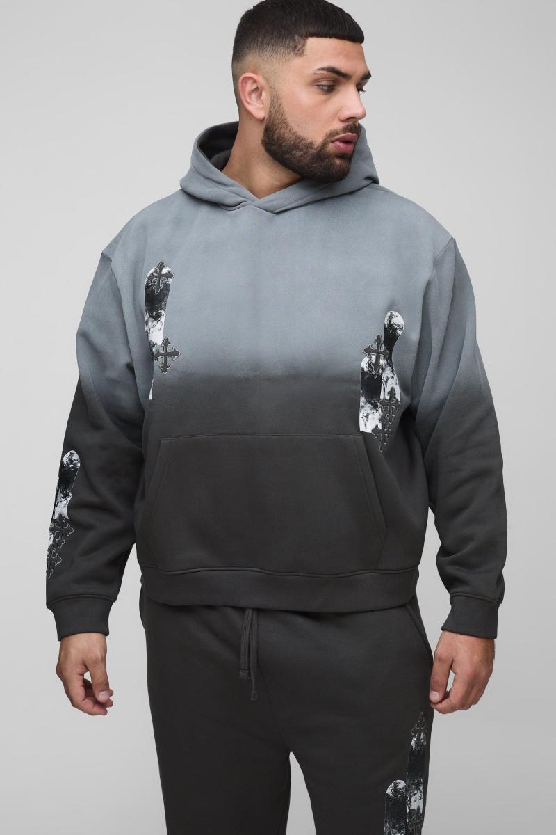 Плюс негабаритна боксерська аплікація хрестова спрей з капюшоном, розслаблений спалахний трек